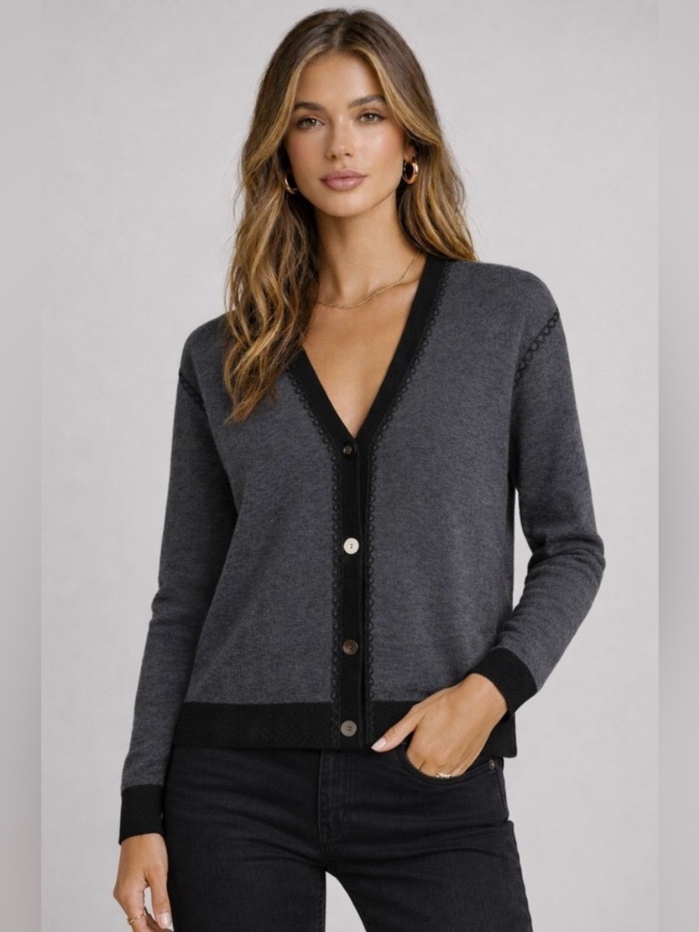 Theory Blanket Stitch Merino Wool Cardigan Sweater Buttons Contrast Trim Grey
